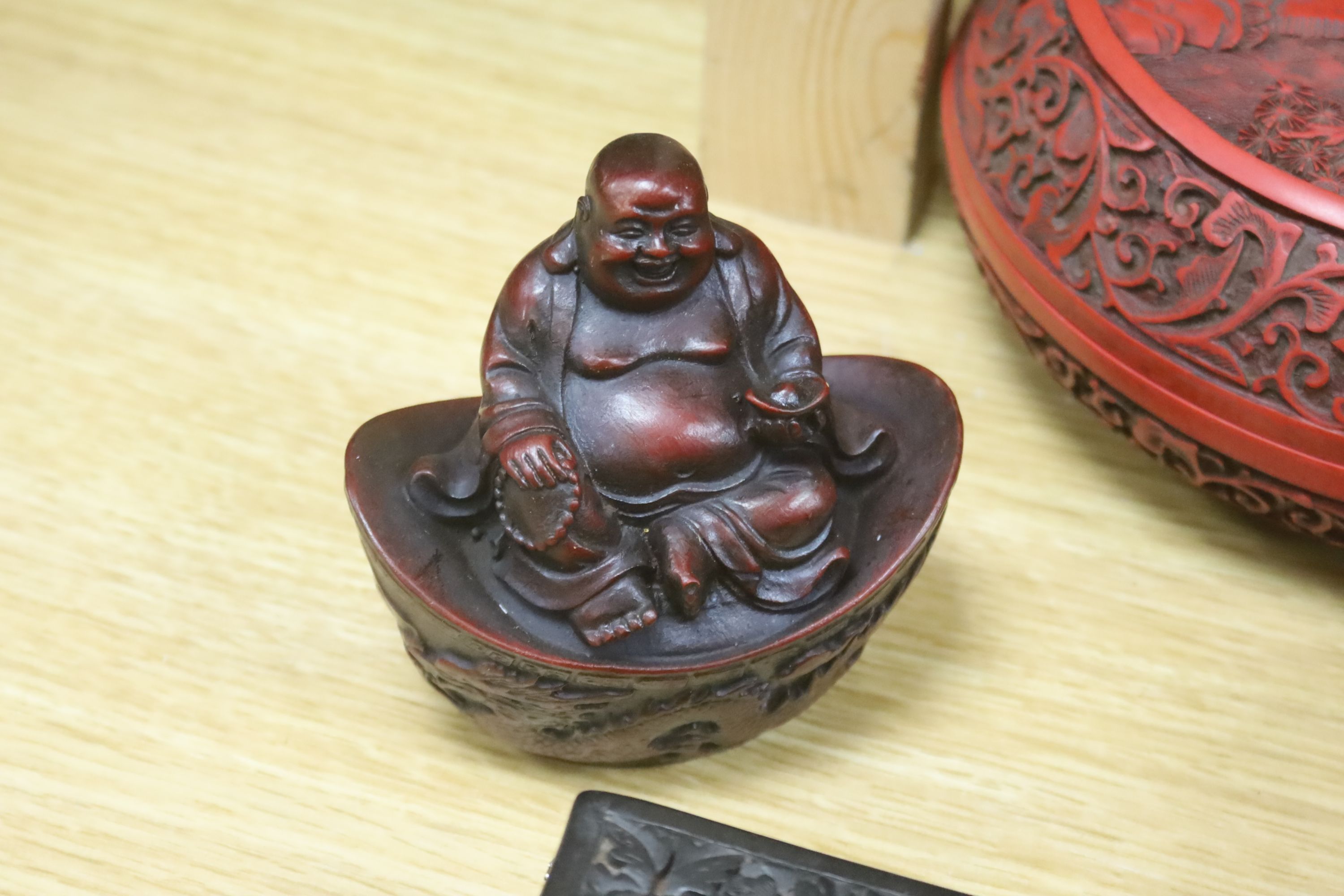 A group of Chinese cinabar lacquer and simulated lacquer boxes etc